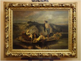 Duży nokturn! Pałacowe malarstwo przeprawa łodzią –  syg. Oswald Achenbach