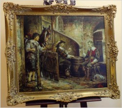 POLECAMY! SCENA W STAJNI, GRA W KARTY - Prof. Willi DEPRÉ (1922-1995r.) PIECZĘĆ LAKOWA + CERTYFIKAT!