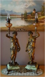 PARA FIGURALNYCH  LAMP NAFTOWYCH Z FRANCJI Z PODSTAWĄ ONYX XIXw. (wys: 94cm / waga: 25kg )