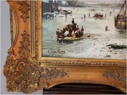 WYJĄTKOWY OBRAZ! WIDOK NA ZIMOWE NABRZEŻE HOLENDERSKIE - L.VAN HOVE, KARL KAUFMANN (1843–1905)