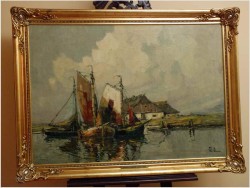 ŁODZIE PRZY BRZEGU - Rudolf PRIEBE (Kiew 1889-1964 Hamburg)