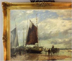 OBRAZ MARYNISTYCZNY! KUTRY PRZY BRZEGU, ROZŁADUNEK KRABÓW  - KARL MOHR (DÜSSELDORF 1922-2013)