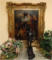 SYGNOWANA LAMPA NAFTOWA Z FIGURĄ ORFEUSZA - Par Bruchon (XIXw.)