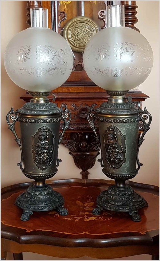 WYJĄTKOWY KOMPLET! DUŻE PAŁACOWE LAMPY NAFTOWE Z PUTTO 1890r.