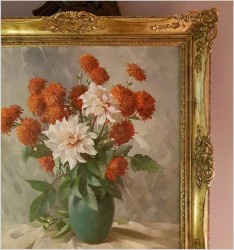 Wyjątkowy Obraz Olejny! Piękne Herbaciane Dalie w Wazonie - Oryg. Erich Krüger *1897r.