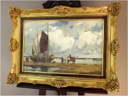 RARYTAS AUKCYJNY! KUTRY PRZY BRZEGU, ROZŁADUNEK KRABÓW - KARL MOHR (DÜSSELDORF 1922-2013)