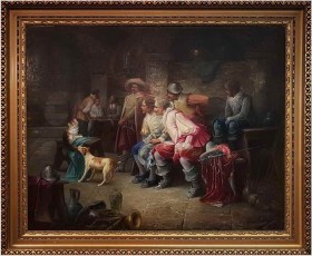 DUŻY MUZEALNY OBRAZ! MUSZKIETERZY W KARCZMIE, ZABAWA PSA Z KOTEM - Max Albert CARLIER (1872-1938)