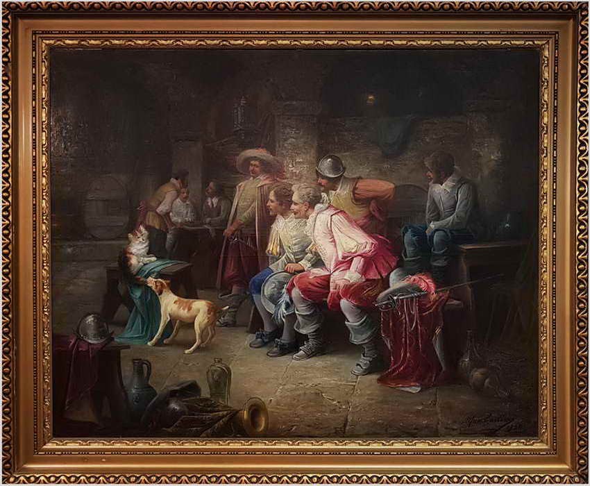 DUŻY MUZEALNY OBRAZ! MUSZKIETERZY W KARCZMIE, ZABAWA PSA Z KOTEM - Max Albert CARLIER (1872-1938)