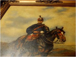 PIĘKNE MALARSTWO BATALISTYCZNE! PORTRET HUZARA NA KONIU - XIXw.