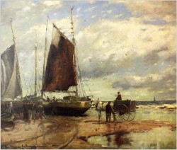 OBRAZ MARYNISTYCZNY! KUTRY PRZY BRZEGU, ROZŁADUNEK KRABÓW  - KARL MOHR (DÜSSELDORF 1922-2013)