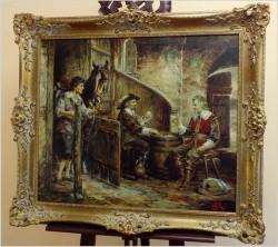 POLECAMY! SCENA W STAJNI, GRA W KARTY - Prof. Willi DEPRÉ (1922-1995r.) PIECZĘĆ LAKOWA + CERTYFIKAT!