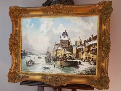 WYJĄTKOWY OBRAZ! WIDOK NA ZIMOWE NABRZEŻE HOLENDERSKIE - L.VAN HOVE, KARL KAUFMANN (1843–1905)