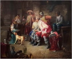 DUŻY MUZEALNY OBRAZ! MUSZKIETERZY W KARCZMIE, ZABAWA PSA Z KOTEM - Max Albert CARLIER (1872-1938)