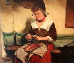Notowane malarstwo! Gosposia obierająca jabłka - Dickmeis Gerhard (1918 -1978)