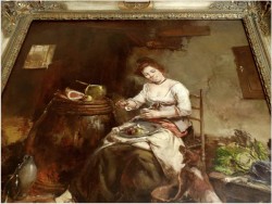 GOSPOSIA Z PSEM W SPIŻARNI, OBRAZ OLEJNY - DICKMEIS GERHARD (Heinsberg 1918 – 1978 Jülich)