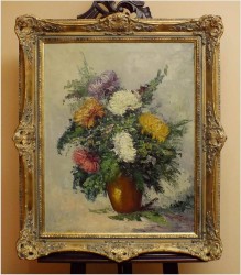 MALARSTWO WĘGIERSKIE, CHRYZANTEMY W WAZONIE - FERENC SZEKELY (1900-1988 Hungary)