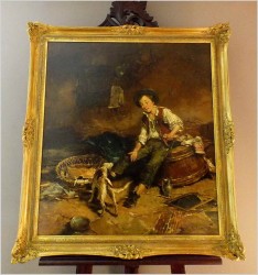 MALARSTWO AUKCYJNE! CHŁOPIEC BAWIĄCY SIĘ Z PSEM - DICKMEIS GERHARD (HEINSBERG 1918 – 1978 JÜLICH)