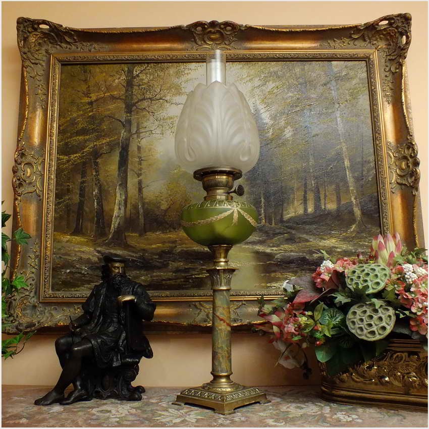 PIĘKNA SYGNOWANA LAMPA NAFTOWA Z ONYX - MATADOR 15"