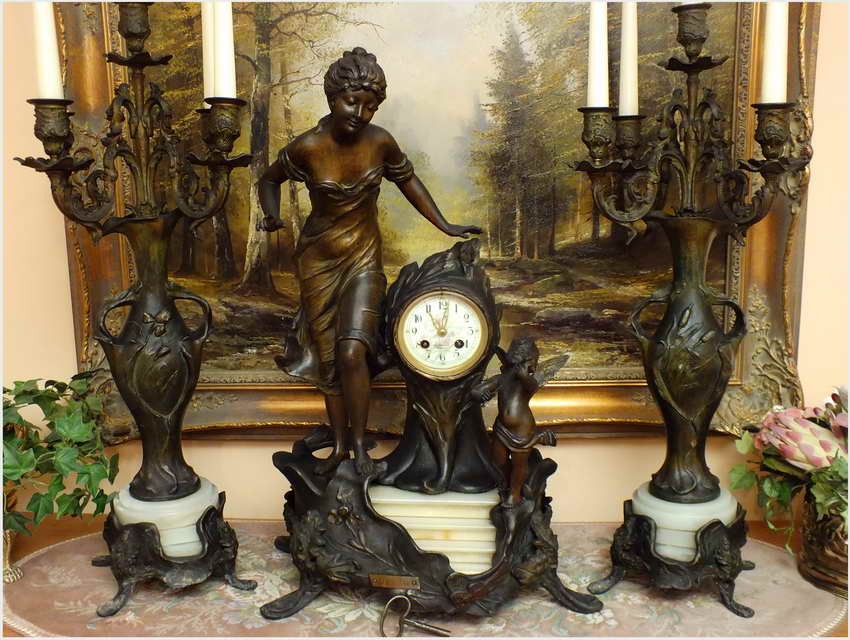 POLECAMY! PAŁACOWY ORYGINALNY ZEGAR Z KANDELABRAMI ART NOUVEAU 1900r.