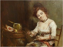 GOSPOSIA Z PSEM W SPIŻARNI, OBRAZ OLEJNY - DICKMEIS GERHARD (Heinsberg 1918 – 1978 Jülich)