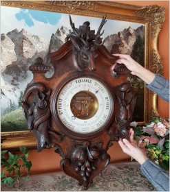 PIĘKNY WYJĄTKOWY RZEŹBIONY DUŻY MYŚLIWSKI BAROMETR - FRANCJA XIXw.