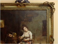 GOSPOSIA Z PSEM W SPIŻARNI, OBRAZ OLEJNY - DICKMEIS GERHARD (Heinsberg 1918 – 1978 Jülich)