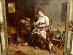 GOSPOSIA Z PSEM W SPIŻARNI, OBRAZ OLEJNY - DICKMEIS GERHARD (Heinsberg 1918 – 1978 Jülich)