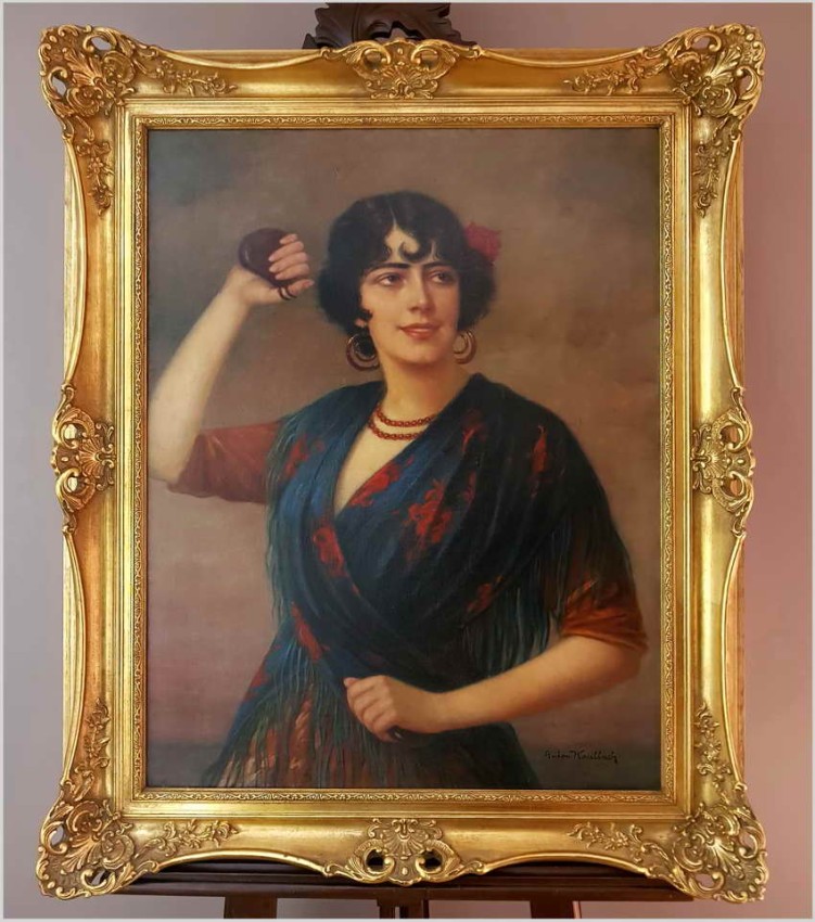 Piękny Obraz w Stylu Art Déco, Hiszpanka z Kastanietami - Anton Kaulbach (1864-1930)