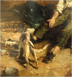 MALARSTWO AUKCYJNE! CHŁOPIEC BAWIĄCY SIĘ Z PSEM - DICKMEIS GERHARD (HEINSBERG 1918 – 1978 JÜLICH)