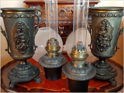 WYJĄTKOWY KOMPLET! DUŻE PAŁACOWE LAMPY NAFTOWE Z PUTTO 1890r.