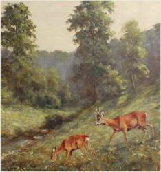 OBRAZ MYŚLIWSKI, SARNY U WODOPOJU - GEORG MAJEWICZ (1897 - 1965)