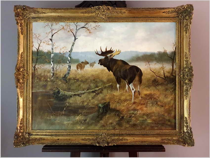Rarytas kolekcjonerski! Łoś na leśnych mokradłach - oryg. Georg Majewicz (1897-1965)