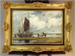 RARYTAS AUKCYJNY! KUTRY PRZY BRZEGU, ROZŁADUNEK KRABÓW - KARL MOHR (DÜSSELDORF 1922-2013)