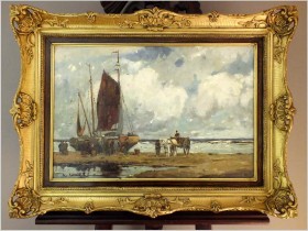 RARYTAS AUKCYJNY! KUTRY PRZY BRZEGU, ROZŁADUNEK KRABÓW - KARL MOHR (DÜSSELDORF 1922-2013)