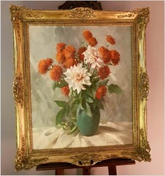 Wyjątkowy Obraz Olejny! Piękne Herbaciane Dalie w Wazonie - Oryg. Erich Krüger *1897r.