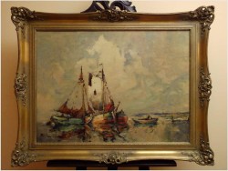 RUDOLF PRIEBE (1889 – 1964) „Kutry rybackie u wybrzeża Morza Północnego” – obraz marynistyczny