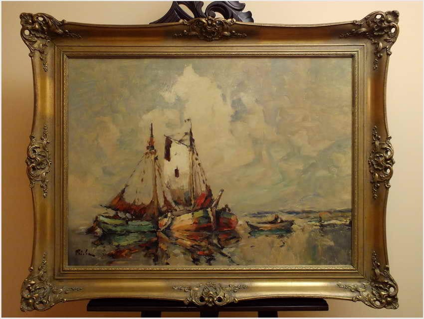 RUDOLF PRIEBE (1889 – 1964) „Kutry rybackie u wybrzeża Morza Północnego” – obraz marynistyczny