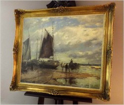 OBRAZ MARYNISTYCZNY! KUTRY PRZY BRZEGU, ROZŁADUNEK KRABÓW  - KARL MOHR (DÜSSELDORF 1922-2013)