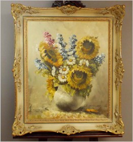 POLECAMY! PAŁACOWY BUKIET KWIATÓW, SŁONECZNIKI W WAZONIE - (NIEMCY XXw.)