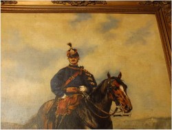 PIĘKNE MALARSTWO BATALISTYCZNE! PORTRET HUZARA NA KONIU - XIXw.