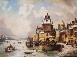 WYJĄTKOWY OBRAZ! WIDOK NA ZIMOWE NABRZEŻE HOLENDERSKIE - L.VAN HOVE, KARL KAUFMANN (1843–1905)