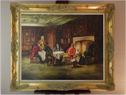 DUŻE MALARSTWO RODZAJOWE - ROZMOWA GENTELMANÓW PRZY LAMPCE WINA - SYG. SOMERS 1970 (124CMx104CM)