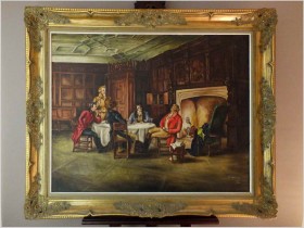 DUŻE MALARSTWO RODZAJOWE - ROZMOWA GENTELMANÓW PRZY LAMPCE WINA - SYG. SOMERS 1970 (124CMx104CM)