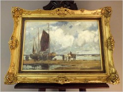 RARYTAS AUKCYJNY! KUTRY PRZY BRZEGU, ROZŁADUNEK KRABÓW - KARL MOHR (DÜSSELDORF 1922-2013)