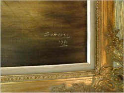 DUŻE MALARSTWO RODZAJOWE - ROZMOWA GENTELMANÓW PRZY LAMPCE WINA - SYG. SOMERS 1970 (124CMx104CM)