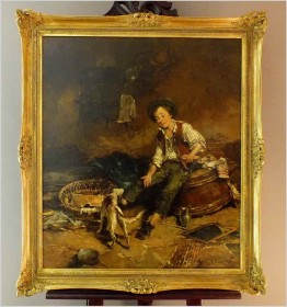 MALARSTWO AUKCYJNE! CHŁOPIEC BAWIĄCY SIĘ Z PSEM - DICKMEIS GERHARD (HEINSBERG 1918 – 1978 JÜLICH)